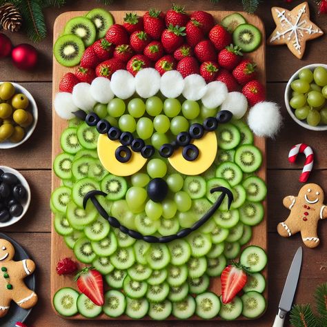 Grinch Cheese Tray, Grinch Fruit Tray Ideas, Grinch Fruit And Veggie Tray, Grinch Meat And Cheese Tray, Charcuterie Board Ideas Christmas Fruit, Cute Christmas Fruit Trays, Charcuterie Board Fruit Christmas, Christmas Charcuterie Board Grinch, Grinch Snack Tray