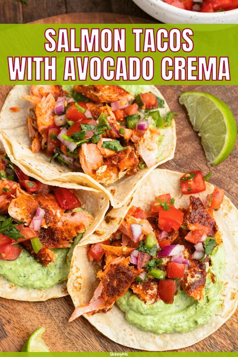 Salmon Tacos with Avocado Crema Avocado Crema Recipe, Homemade Cabbage, Avocado Slaw, Salmon Fish Tacos, Salmon Tacos Recipe, Tacos With Avocado, Crema Recipe, Recipe Salmon, Recipes Salmon