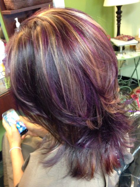 Purple Hair With Lowlights, Red Purple Hair Highlights, Red And Purple Streaks Hair, Purple Chunky Highlights Brown Hair, Purple Calico Hair, Purple Streaked Hair, Purple Hair With Blonde Highlights, Purple And Blonde Highlights, Purple Skunk Hair