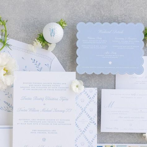 Trout Designs on Instagram: "B&W’s wedding suite | Classic blue and white with a Boca Grande flair. Letterpress for their main invitation paired with digital printing for their accompanying inserts. The scalloped edge on their details card added some variation, while the use of pattern and watercolor on their welcome party card added a pop of fun! We love their emblem printed on matchbooks and monogram on the golf balls. Blue and white 4eva!  Venue: @gasparillainn  Planning: @nk_weddings  Florals: @victoriabloomssrq  Photography: @hunterryanphoto" Blue And White Wedding Stationary, Watercolor Invitation Suite, Coastal Wedding Invitation Suite, Blue Tile Wedding Invitation, Blue Letterpress Wedding Invitations, Watercolor Wedding Invitation Suite, White Wedding Invitations, Welcome To The Party, Watercolor Wedding Invitations