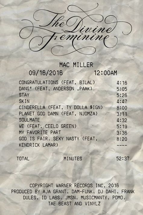 Music Reciepts, Receipts Aesthetic, Receipt Poster, Mac Miller Albums, Mac Angel, Feminine Wallpaper, Ceelo Green, Ty Dolla Ign, The Divine Feminine