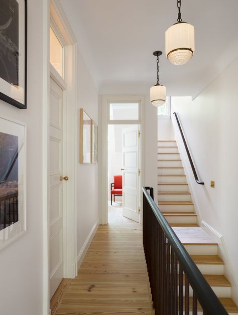 Tribeca Townhouse by YUN Architecture Window Above Door, Best Door Designs, Door Design Ideas, Street Townhouse, Townhouse Interior, Stairway Design, Farmhouse Pendant Lighting, Vintage Light Fixtures, Interior Windows