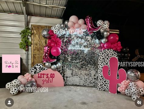 Disco Cowgirl Barbie, Disco Cowgirl Food Ideas, Cowgirl Party Decorations Western Decor, Disco Cowgirl Backdrop, 30th Rodeo Party, Disco Cowgirl Party Decor Ideas, 21st Rodeo Birthday Party, Pink Cowgirl Aesthetic Party, Cowgirl Disco Birthday Party