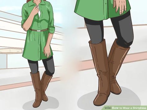 3 Ways to Wear a Shirtdress - wikiHow Shirt Dress And Leggings Outfit, Shirtdress Styling Outfit Winter, Shirt Dress With Leggings, Dress With Heels, Khaki Shirt Dress, Long Tshirt Dress, Tshirt Dress Outfit, Long Black Boots, 3 Ways To Wear