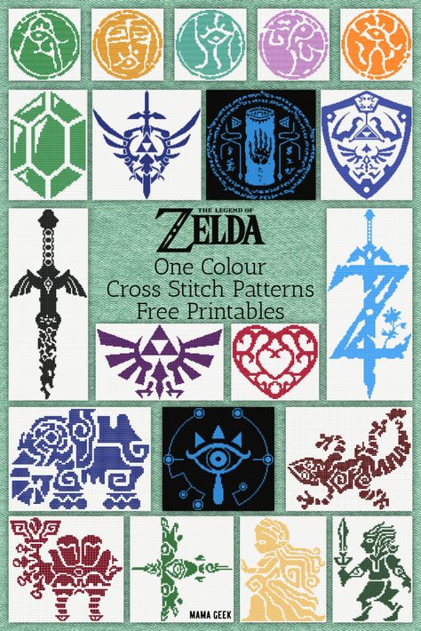 Zelda One Colour Cross Stitch Patterns – Free Printables via @zoecorkhill Triforce Cross Stitch, Link Zelda Cross Stitch Pattern, Legend Of Zelda Sewing Pattern, Korok Cross Stitch Pattern, Printable Beading Patterns, Legend Of Zelda Color Palette, Single Color Cross Stitch Pattern, Horizon Zero Dawn Cross Stitch, Zelda Korok Pixel Art