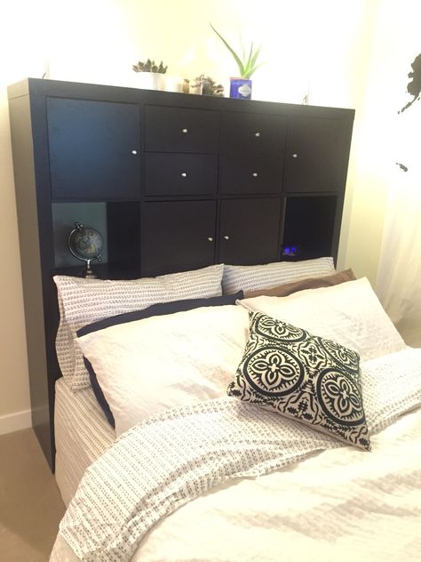 IKEA Kallax as Headboard with plenty of storage! Ikea Kallax Headboard, Kallax Bed Headboard, Kallax Headboard Ikea Hacks, Kallax Headboard, Bookshelf Headboard Diy, Bookcase Headboard Queen, Ikea Headboard Hack, Headboard Hack, Ikea Headboard