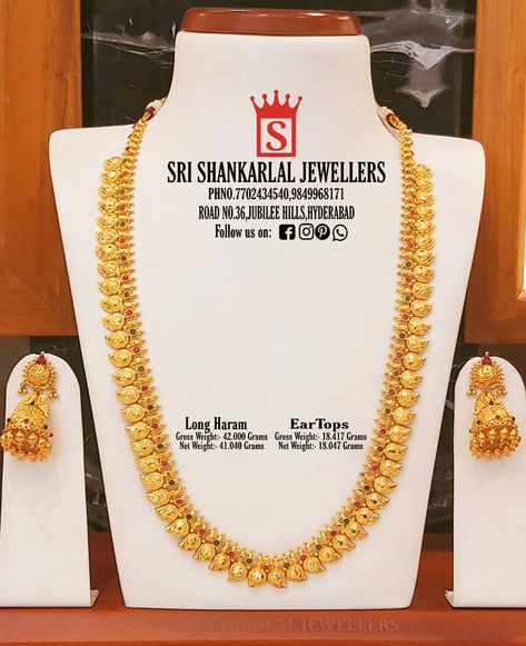 Sri Shankarlal Jewellers on Instagram: “Exclusive Latest Light Weight MangoHaram Necklace with Earring's Sets at WholeSale Prices! Please Visit Our Store Sri Shankarlal Jewellers…” Mango Haaram Designs, Mango Haaram Designs Gold, Mango Design Necklace Gold, Mango Haram, Mango Necklace, Gold Haram, Long Haram, Gold Jewels Design, Bridal Jewels