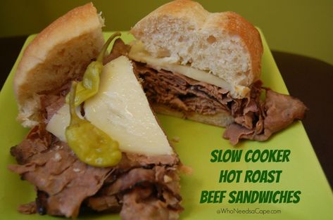 Slow Cooker Hot Roast Beef Sandwich - Who Needs A Cape? Beef In Slow Cooker, Hot Roast Beef Sandwich, Beef Sandwiches Crock Pot, Deli Roast Beef, Hot Roast Beef Sandwiches, Roast Beef Sandwich Recipes, Deli Style Sandwiches, Beef Sandwich Recipes, Slow Cooker Roast Beef