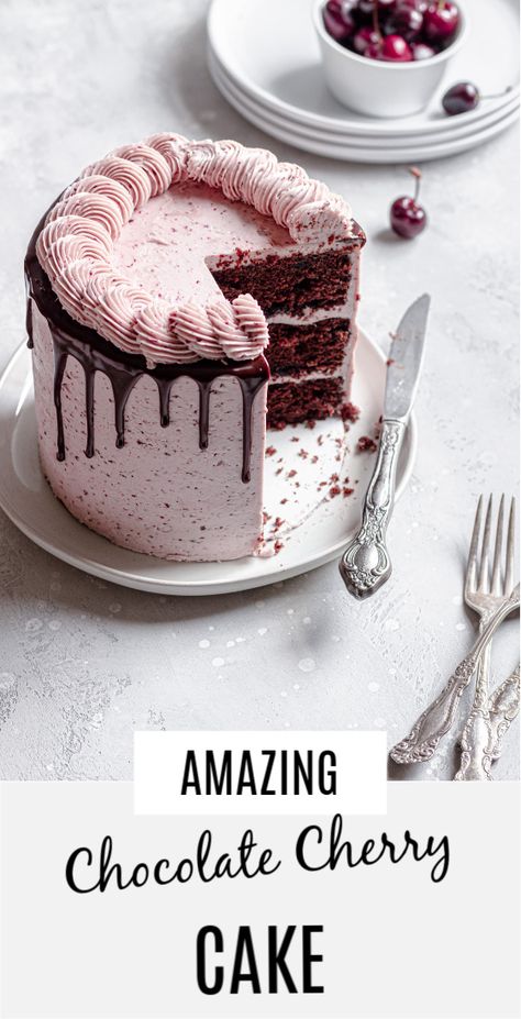 A tender and moist  Chocolate Cherry layer cake recipe, bursting with chocolate cherry flavors. This is a great cherry chocolate dessert for birthdays, holidays or any day. |#cake #chocolatecake #cherrycake #cherryrecipe #layercakerecipe #cherrydessert #dessert #layercake #chocolatelayercake #birthdaycake #holidayrecipe #springbaking| Cherry Layer Cake, Cherry Cake Recipe, Chocolate Cherry Cake, Spring Baking, Layer Cake Recipes, Cherry Chocolate, Cherry Desserts, Chocolate Layer Cake, Cherry Cake