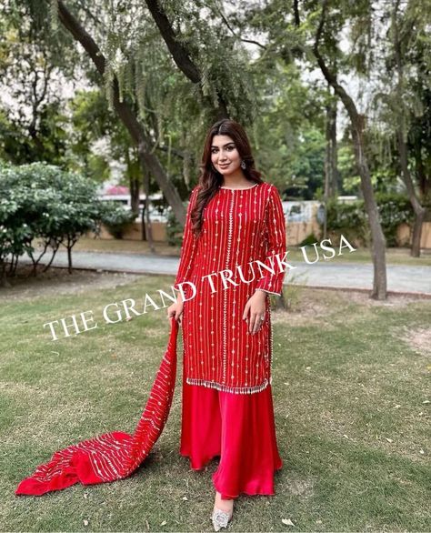 Outfit With Pearls, Red Sharara, Side Work, Pearl Work, Dress For Party, Inner Work, Palazzo Suit, Sharara Suit, Sequence Work