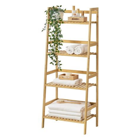 Ebern Designs Latrica 45Cm W x 123Cm H x 32Cm D Solid Wood Free-Standing Bathroom Shelves | Wayfair.co.uk Bathroom Ladder Shelf, Freestanding Bathroom Shelves, Wooden Ladder Shelf, Bathroom Ladder, Hippy Room, Bamboo Shelf, Light Colored Wood, Bamboo Bathroom, Scandinavian Bathroom