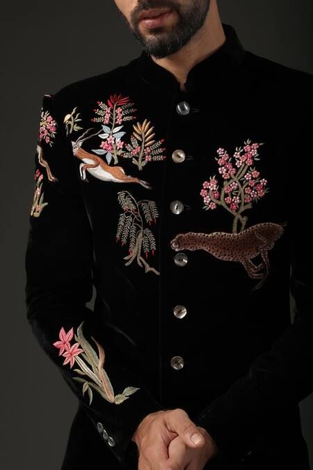 Buy Black Silk Velvet Embroidered Resham Sherwani For Men by Rohit Bal Online at Aza Fashions. Sherwani Black, Velvet Sherwani, White Blouse Designs, Indian Wedding Suits Men, Sherwani For Men Wedding, Boys Kurta Design, Fashion Models Men, Men's Wedding Outfit, Resham Embroidery