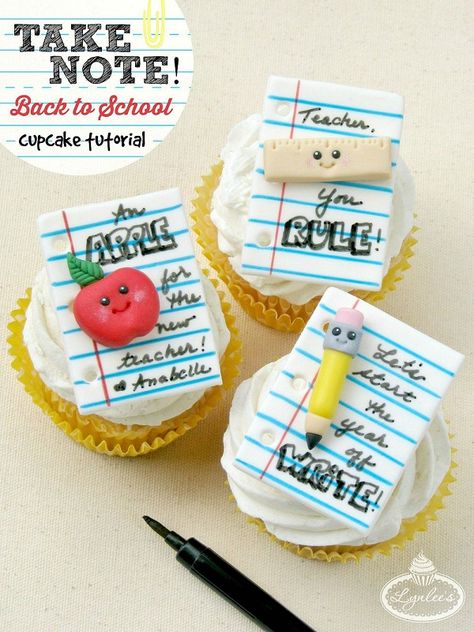 Take Note! Back to School fondant cupcake tutorial  ~ Lynlee's Back To School Cupcakes, Edible Crayons, Teachers Day Cake, Teacher Cupcakes, School Cupcakes, Teacher Cakes, Cupcake Tutorial, School Cake, Fondant Cupcake Toppers