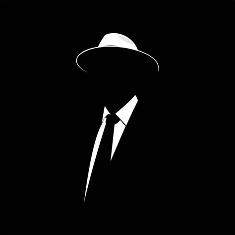 vector illustration of a silhouette of a businessman wearing a suit and wearing a hat isolated on black background Suit Logo, Suit Silhouette, Men With Cap, Hat Vector, Black And White Cartoon, Glasses Logo, Sf Art, Dark Pictures, Stylist Tattoos