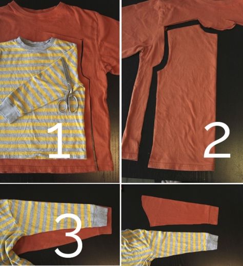 pajamas-kids-easy-sew-1 Long Sleeve Shirt Upcycle Diy, Making Kids Clothes, Thrift Store Upcycle Clothes, Dress Upcycle, Recycling Clothes, Upcycling Clothing, Kids Clothes Diy, Sewing Creations, Dress Sewing Tutorials