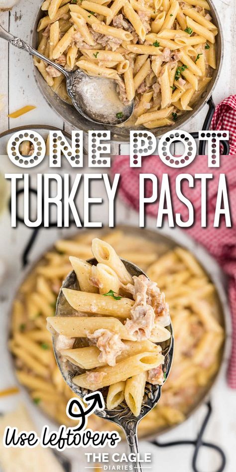 A one pot turkey pasta recipe that is really quick and easy to make using pantry staples that you should have. Basic ingredients that can be easily swapped and changed. One pot turkey pasta is a great way to use up leftover turkey - or you can cook some turkey ground meat. Leftover Turkey Pasta, Turkey Ground, Turkey Pasta, Recipe For One, Turkey Casserole, Thanksgiving Turkey Leftovers, Leftover Turkey Recipes, One Pot Pasta, Leftover Turkey