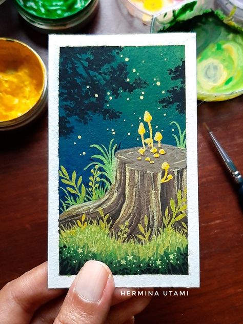 Gouache painting of a fantasy forest. Ghibli Gouache Painting Tutorial, Colorful Gouache Painting, Fantasy Gouache Painting, Gouache Mushroom Painting, Gouache Fantasy Art, Gouache Painting Inspiration, Gouache Dragon, Gouache Painting Ideas Inspiration, Landscape Gouache Painting