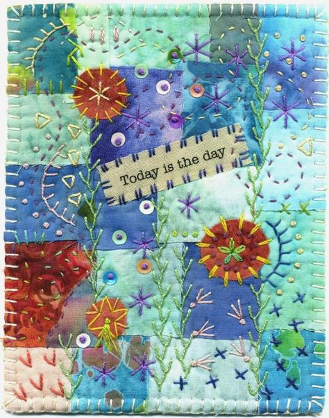 Baumcat: Today is the day... Crazy Quilt Stitches, Applique Ideas, Crazy Quilt Blocks, Fabric Postcards, Fabric Cards, Crazy Patchwork, Quilt Art, Crazy Quilting, Prayer Flags