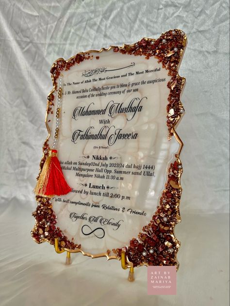 Made specifically for you according to your choice and preferences 🌹 Resin Kankotri, Resin Invitation Card, Resin Wedding Invitation, Sahe Chithi, Gayathri Mantra, Beautiful Wedding Cards, Resin Art Ideas, Nikah Pen, Resin Wedding