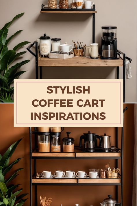 This pin features two images showcasing stylish coffee cart ideas for home setups. Perfect for coffee lovers wanting to beautify their brewing space with unique designs and inspirations. Coffee Container Ideas, Coffee Bar Cart Ideas, Kitchen Corners, Bar Cart Ideas, Coffee Bar Cart, Cart Ideas, Coffee Cart, Coffee Container, Container Ideas