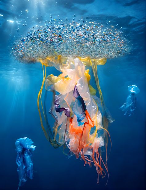 The translucent, ethereal quality of the jellyfish symbolizes the hidden yet ever-present threat of microplastics in our environment. The insidious tiny plastic particles permeate our ecosystem, and the consequences of our plastic consumption have a profound impact on the natural world. Sea Pollution Photography, Plastic Pollution Collage, Plastic Pollution In Ocean, Over Consumption Art, Plastic Ocean Pollution Art, Microplastics Poster, Pollution Moodboard, Microplastic Art, Microplastics Pollution