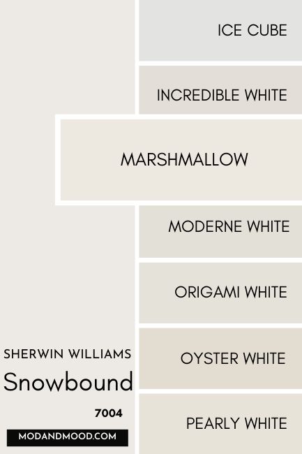 Sherwin Williams Snowbound vs 50+ Other White and Light Paint Colors (Including Benjamin Moore!) - Mod & Mood Snowbound Sherwin Williams, Light Neutral Paint Colors, Sherwin Williams Snowbound, Light Paint Colors, Origami White, Sherwin Williams White, Shoji White, Benjamin Moore White, Dover White