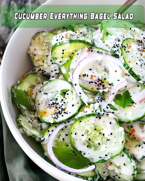 Everything But The Bagel Cucumber Salad, Everything Bagel Cucumber Salad, Everything Bagel Salad, Bagel Salad, Bagel Cucumber, Easy Cucumber Salad, Grain Bowls, Brunch Spread, Cucumbers And Onions