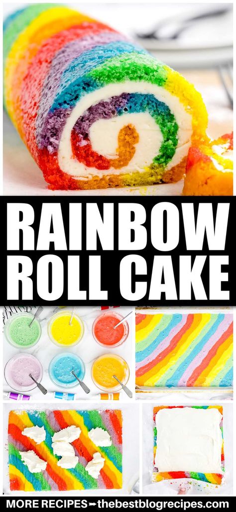 Rainbow Cake Roll Recipe, Rainbow Roll, Cake Filling Recipes, Cake Roll Recipes, The Colors Of The Rainbow, Buttercream Filling, Jelly Roll Pan, Raspberry Filling, Cake Fillings