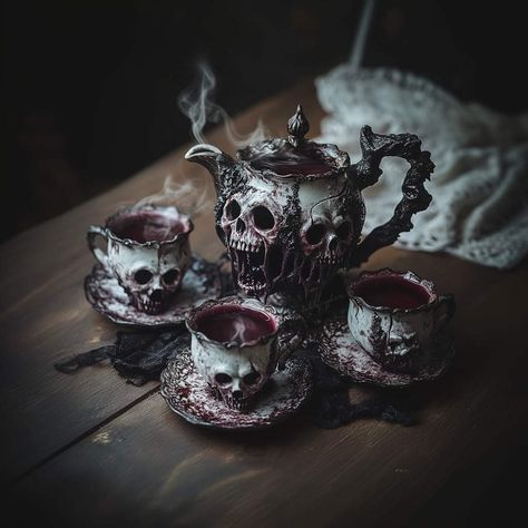 Goth Tea Party Aesthetic, Haunted Tea Party, Dark Tea Party Aesthetic, Dark Tea Party, Goth Tea Party, Tea Party Aesthetic, Skull Rings, Gothic Furniture, Party Aesthetic