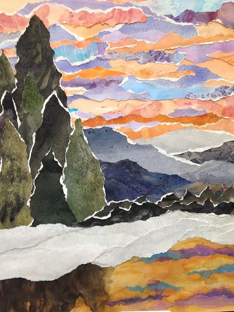 Torn Paper Art, Landscape Collage, Collage Landscape, Collage Art Projects, Paper Collage Art, Art Camp, Art Lesson Ideas, Cat Air, School Art Projects