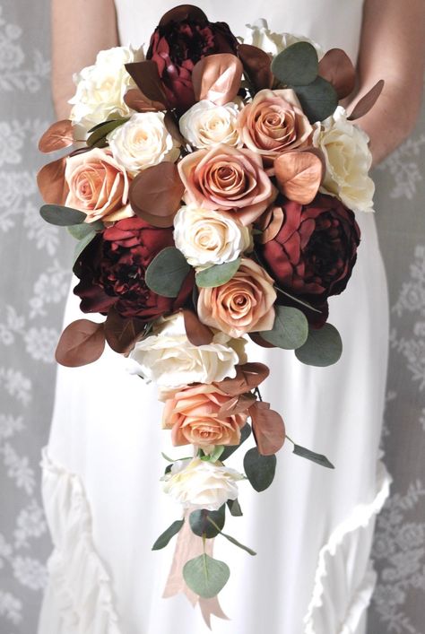 Cascade Bridal Bouquet, Wine, Rose Gold, Dusty Rose, Custom Bouquet, Flower Bouquet, Wedding Flowers, Bridal Bouquet, Burgundy Bouquet Bridal Bouquet Burgundy, Cascade Bridal Bouquet, Bouquet Burgundy, Silk Flower Bridal Bouquet, Wine Rose, Holly Wedding, Fresh Wedding Flowers, Rose Gold Ribbon, Cascading Bridal Bouquets