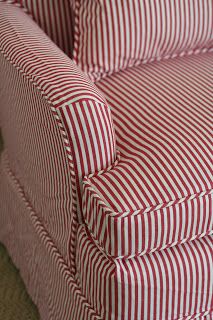 Custom Slipcovers by Shelley: Red/ white striped chair Striped Couch, Striped Sofa, Custom Slipcovers, Striped Chair, Slip Covers, Reupholster Furniture, Casa Country, Upholstery Diy, Furniture Repair