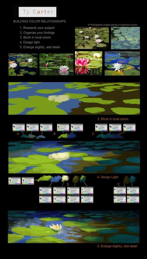 ty carter lily pad photoshopping Colour Script, Art Steps, Drawing Advice, Drawing Help, الفن الرقمي, 3d Ideas, Concept Art Tutorial, Digital Painting Techniques, Art Theory