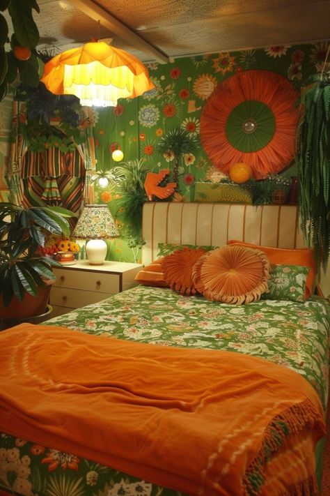 70s House Aesthetic, 70s Style Bedroom, 70s Inspired Bedroom, Retro Style Bedroom, 1970s Bedroom, Groovy Bedroom, Jungle Room Decor, Groovy Room, 70s Room