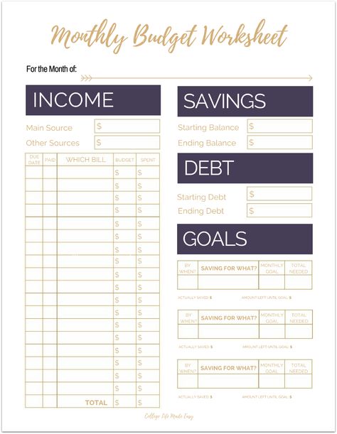 Cute Free Printable Budget Worksheet Templates for Organizing Your Finances / Monthly 2017 2018 / College , For Young Adults Budgeting Tips / Purple PDF Planners / #budgeting #budget #frugal #printable #freeprintable #printables #budgettips #college Budgeting Worksheets Free, Budget Sheet Template, Simple Budget Template, Faire Son Budget, Printable Budget Worksheet, Bills Budget, Printable Money, Budget Template Free, Budget Worksheet