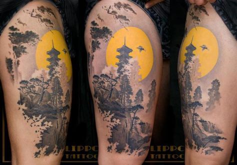 Beautiful landscape tattoo. Japanese Landscape Tattoo, Scenic Tattoo, Kali Tattoo, Guerriero Samurai, Temple Tattoo, Traditional Japanese Tattoo Designs, Sun Tattoo Designs, Thigh Tattoo Designs, Landscape Tattoo