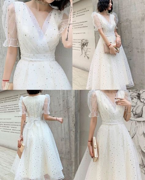 Dress Natal Brokat, Simple Gown Designs Classy, Simple Silk Dress, Floral White Dress, Prom Dress White, White Frock, Simple White Dress, Simple Frocks, Civil Wedding Dresses