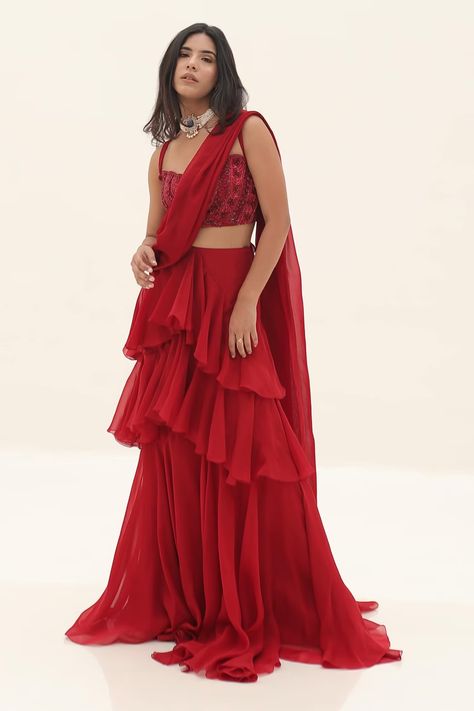 Shop for these amazing collections of Red Organza Embroidery Sequin Sweetheart Ruffle Saree With Blouse For Women by Divya Goel online at Aza Fashions. Mommy Son Outfits, Red Ruffle Top, Son Outfits, Mommy Son, Sheer Dupatta, Ruffle Sarees, Organza Embroidery, Chikankari Kurti, Ruffle Saree