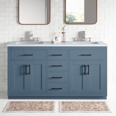 Lark Manor Allysson 60" Double Bathroom Vanity Set | Wayfair Blue Double Sink Bathroom Vanity, Bathroom 2024, Blue Bathroom Vanity, Stone Vanity, Ceramic Undermount Sink, Blue Vanity, Bathroom Necessities, Suite Bathroom, Undermount Sinks