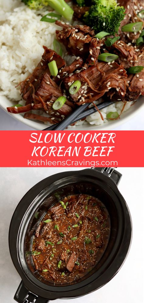 Slow Cooker Korean Beef is super tender and takes just a few minutes to prep. Just dump a chuck roast and a simple Korean-inspired sauce in the crock pot to make a delicious shredded beef. Serve with rice and some steamed veggies for dinner. And it reheats well for meal-prep – even freezer friendly! Asian Beef Roast Slow Cooker, Chuck Roast Korean Beef, Chuck Roast Crock Pot Recipes Asian, Shredded Beef Asian Recipes, Asian Pot Roast Slow Cooker, Korean Style Pot Roast, Things To Do With A Chuck Roast, Chuck Roast Recipes Asian, Korean Roast Beef