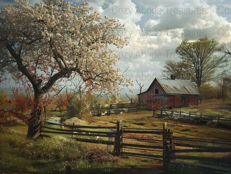 Embellish your living space with this serene digital artwork, featuring a rustic farmhouse surrounded by the splendor of spring. An idyllic country barn is set against a backdrop of blooming trees and a lush landscape, capturing the essence of tranquil rural life. Perfect for an instant aesthetic upgrade to your home or office, this high-quality digital download can be printed in various sizes to suit your decorating needs. Enjoy the beauty of the countryside all year round with this timeless piece. Print On Demand File Aspect Ratio 4:3 Frame Size 4x5, 8x10, 16x20, 24x30 Lush Landscape, Farmhouse Paintings, Cabin In The Mountains, Barn Painting, Blooming Trees, Country Barn, Landscape Art Painting, Spring Landscape, Country Landscaping