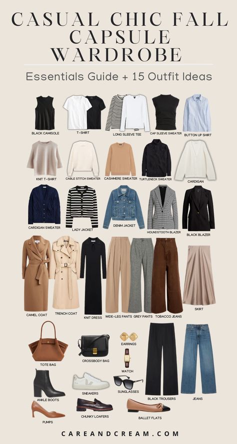 Discover the ultimate guide to a casual chic fall capsule wardrobe! This blog post breaks down your fall wardrobe essentials and fall basics into classy, cozy, and stylish staples. Find out how to create casual chic fall outfits. Perfect autumn outfits and fall outfits for women with these 15 fall outfit ideas. Elevate your fall style effortlessly! Chic Casual Shoes, Fall Outfits Staples, Fall Outfits Women Basic, Classic And Natural Style, Fall Clothes Shopping List, Office Casual Capsule Wardrobe, Woman Wardrobe Essentials, Minimalist Office Wardrobe Women, Business Casual Fall Capsule Wardrobe