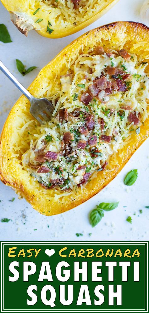 Roasted Spaghetti Squash is filled with a creamy Carbonara egg-based sauce, Parmesan cheese, and then topped with crispy bacon and fresh basil. You won't even miss the pasta in this easy, low-carb, and keto-diet friendly recipe. Meal prep this healthy Italian dish for busy weeknights and have it ready to enjoy for dinner or lunch! #carbonara #spaghettisquash #squash #lowcarb #keto Spaghetti Squash Recipes With Bacon, Spaghetti Squash Bacon, Spaghetti Squash Recipes Carbonara, Carbonara Spaghetti Squash, Maple Spaghetti Squash, Spaghetti Squash Carbonara Recipes, Keto Dinner Meal Prep, Bacon Spaghetti Squash, Homemade Carbonara