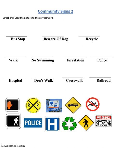 Community Signs interactive and downloadable worksheet. You can do the exercises online or download the worksheet as pdf. Safety Signs And Symbols, Signs And Symbols, Drivers Education, Map Worksheets, Community Safety, Matching Worksheets, Community Signs, Living Skills, Safety Signs