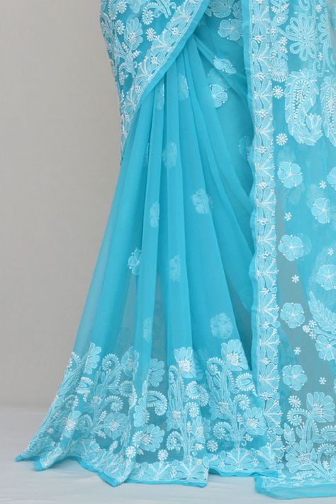 Blue Chikankari Saree, Chicken Saree, Lucknowi Saree, Lucknowi Chikankari Saree, Saree Outfit, Sarees Design, Chikankari Saree, Denim Style Casual, Kora Silk Sarees