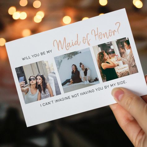 Elegant Proposal, Bridal Shower Modern, Bridesmaid Proposal Diy, Be My Maid Of Honor, Maid Of Honor Proposal, Photo Collage Design, Bridesmaid Proposal Cards, Bridal Party Proposal, Bridesmaid Cards