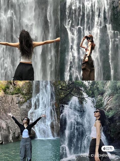 Waterfalls Outfit Ideas, Waterfall Poses Photo Ideas, Waterfall Outfit, Mountain Poses Photo Ideas, Waterfall Picture Ideas, Waterfall Poses, Waterfall Pics, Trekking Outfit, Cute Hiking Outfit