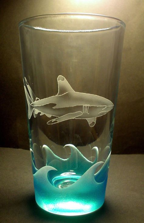 White Tip Reef Shark carved etched beer glass White Tip Reef Shark, Reef Shark, White Tip, New Design, Glass, White, Design