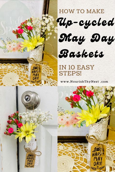 Close-up image of empty toilet paper roll covered with a white paper doily, twine wrapped around the middle, a craft paper tag that reads “Happy May Day”, and a small bouquet of flowers sitting in the top Old Toilet, May Day Baskets, Toilet Paper Rolls, Paper Cones, May Day, Reducing Waste, Paper Doilies, May Days, Small Bouquet