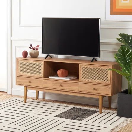 Sand & Stable Esther TV Stand for TVs up to 65" | Wayfair Retro Tv Stand, Sliding Cabinet, Sliding Cabinet Doors, Tv Stand Designs, Wooden Tv Stands, Rack Tv, Coastal Living Room, Tv Stands And Entertainment Centers, Brown Living Room